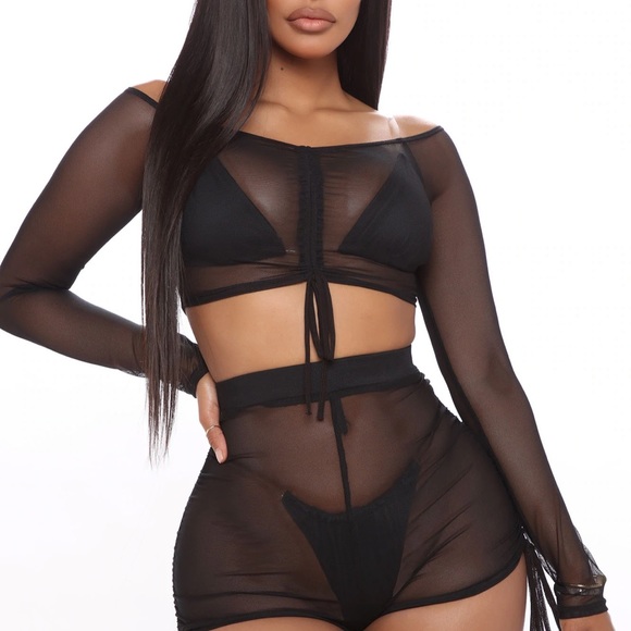 Fashion Nova Tops - SOLD Fashion Nova Black Off Shoulder Mesh Long Sleeve Crop Top